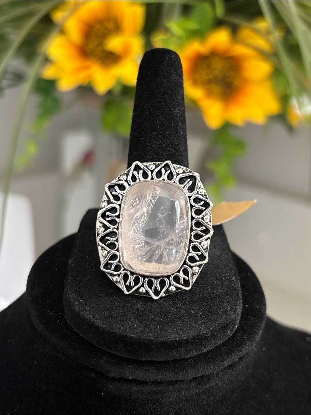 Sterling Silver Rose Quartz Statement Ring Size 9